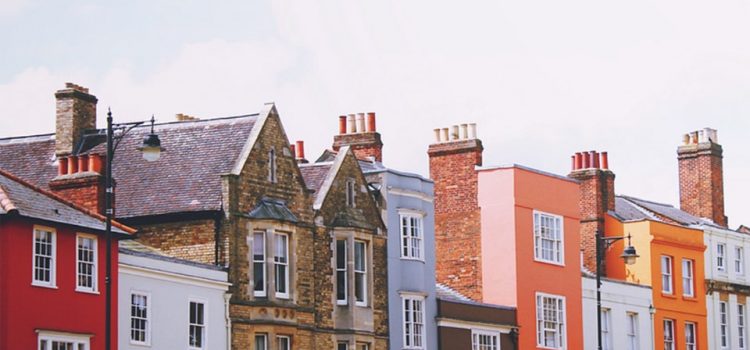 Row of houses, varying in age.