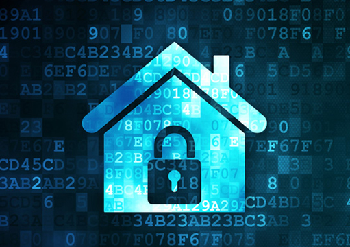 A house with a padlock superimposed and background of computer codes.