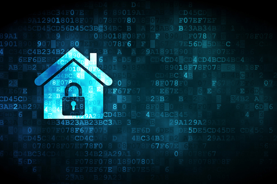 A house with a padlock superimposed and background of computer codes.