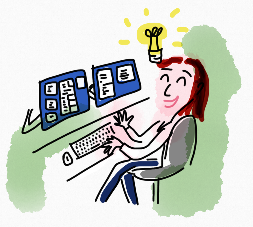 Content designer working on dual screens with light bulb above head signifying a positive idea.