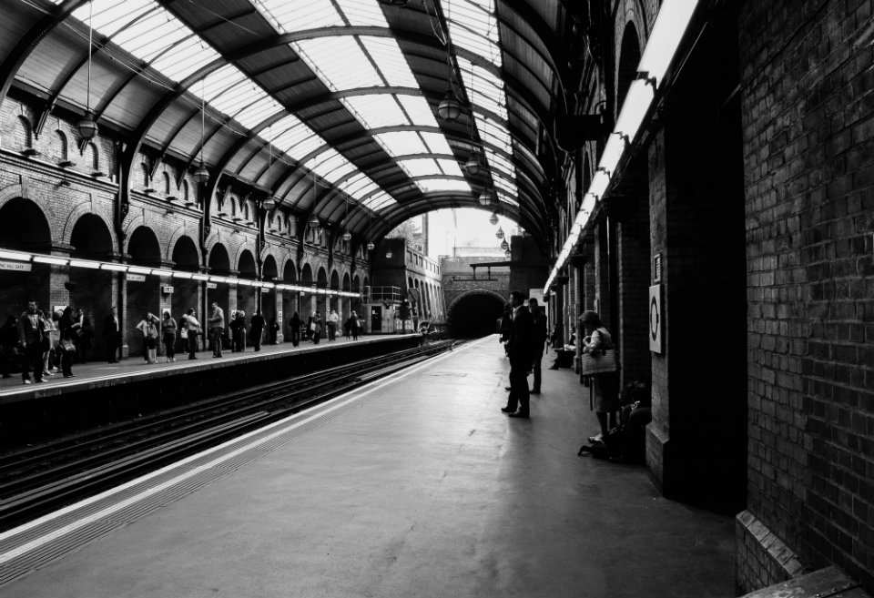 London Underground platforms and tracks under a curved glass roof.