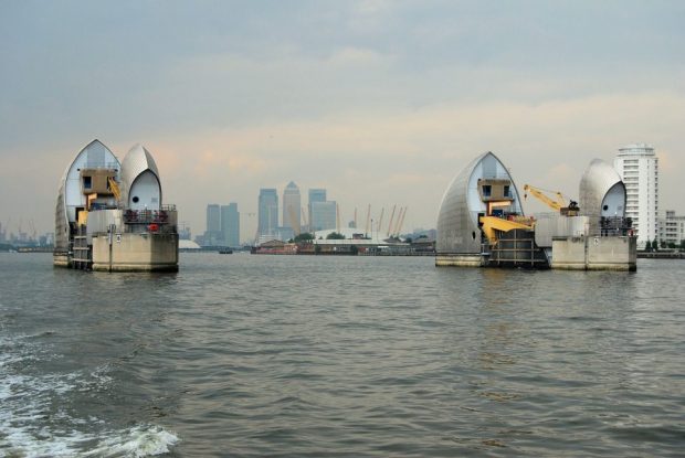 The Thames Barrier with the gates open.