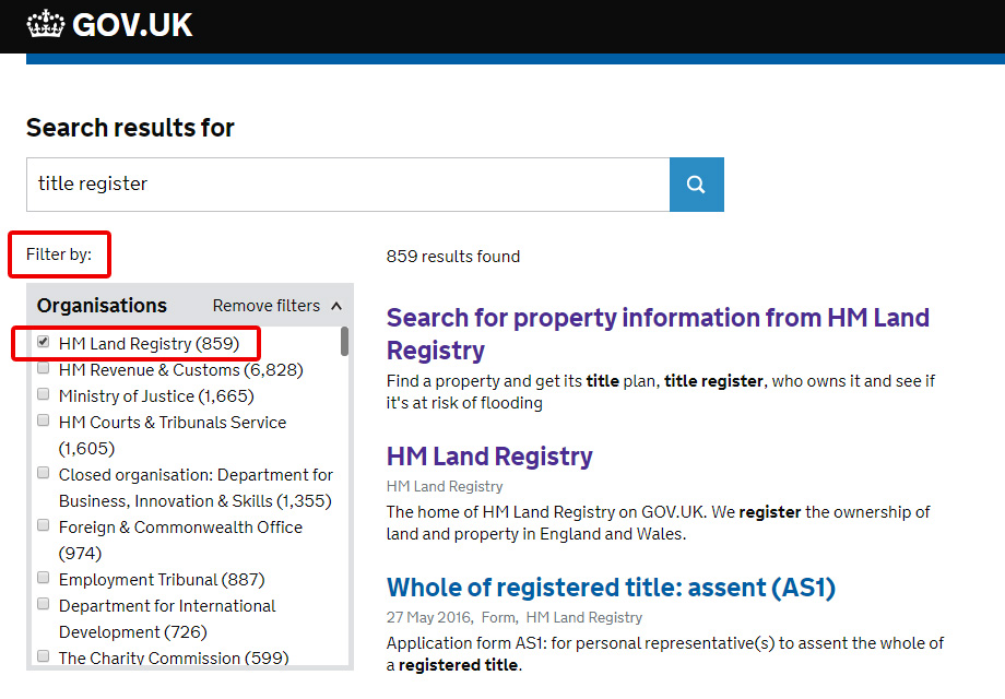 GOV.UK search filter showing HM Land Registry results.