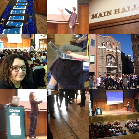 A table with delegate packs; a speaker points at a screen; a sign saying: 'Main Hall'; Stephanie in the hall; a delegate making notes on a laptop; outside Conway Hall; a speaker next to a podium; delegates arrive; the main hall with stage and big screen.