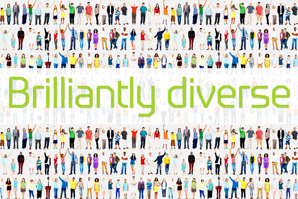 Diverse rows of people above and below the text: 'Brilliantly diverse'.