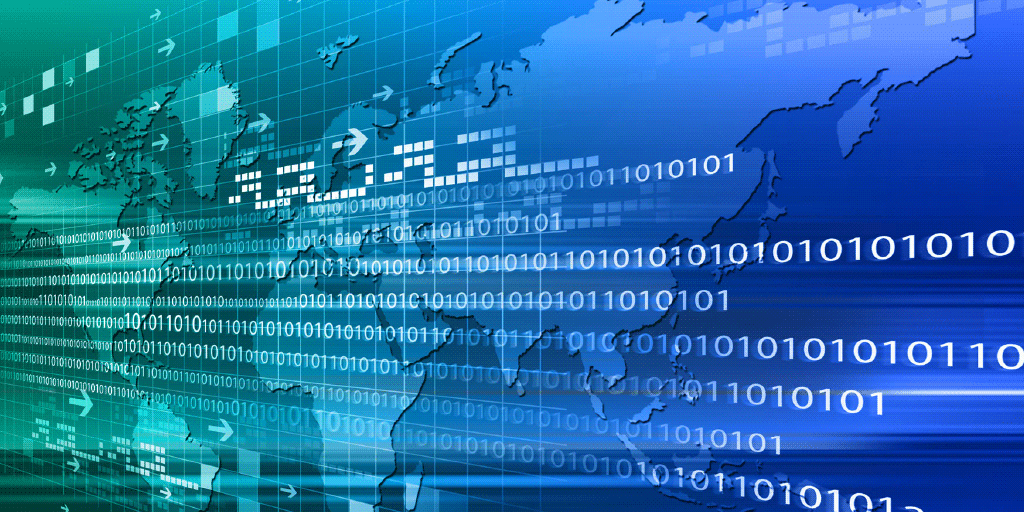 Binary numbers superimposed on a map of the world to suggest the scope of data releases.