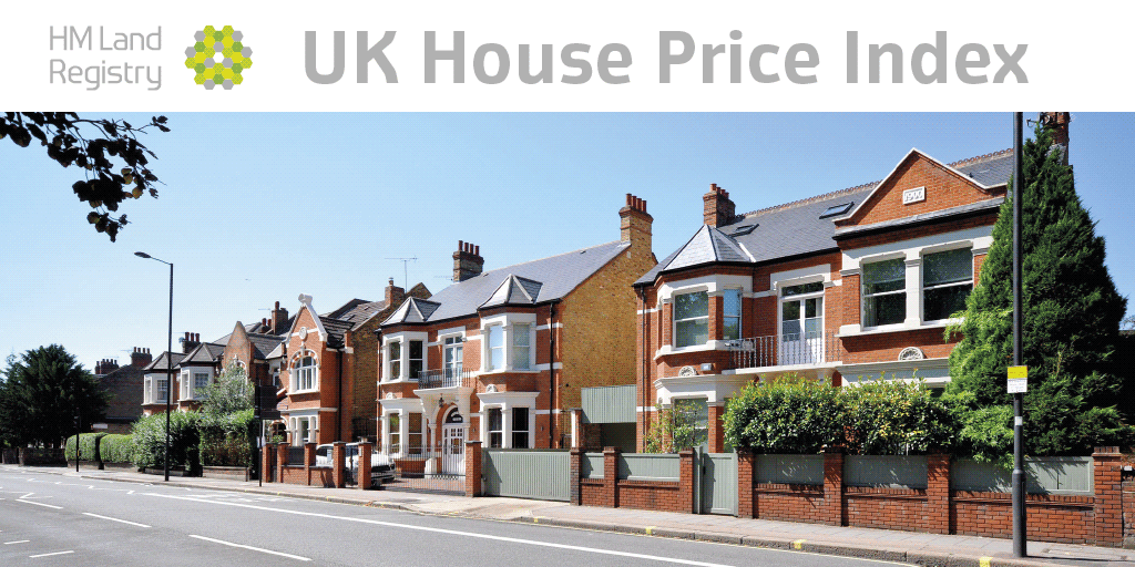 Street of two-storey homes under banner saying 'UK House Price Index'.