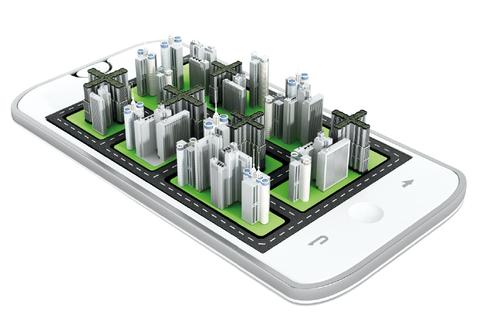 Miniature buildings and roads laid out on the surface of a smartphone.