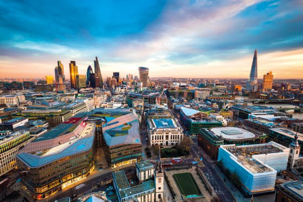 City of London and Southwark skyline showing buildings such as the Gherkin, the Cheesegrater and the Shard.