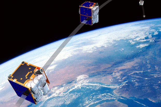 Satellites transmitting messages around the Earth