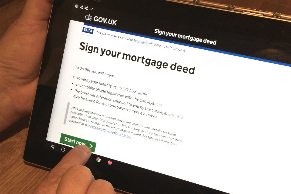 'Sign your mortgage deed' service being used on a tablet device.