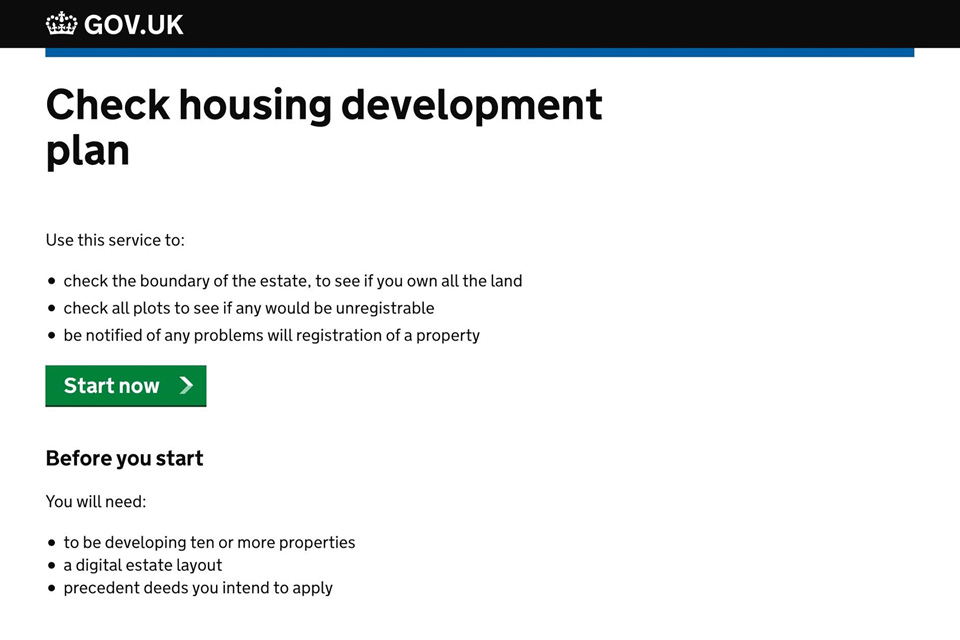 Screenshot showing a mockup of a housing development check service