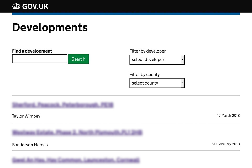 Screenshot showing a service mockup with a list of housing developments