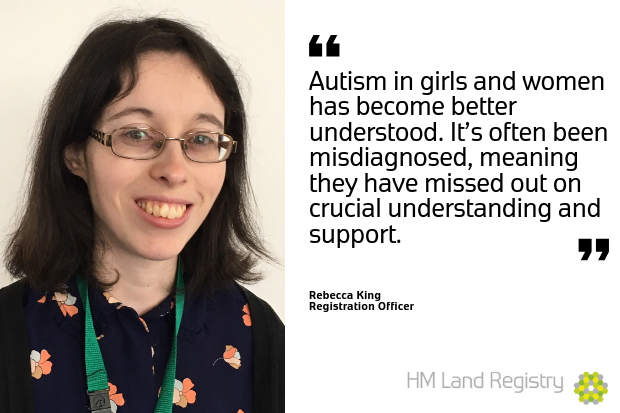 A portrait of Rebecca King with a quote: "Autism in girls and women has become better understood. It’s often been misdiagnosed, meaning they have missed out on crucial understanding and support."