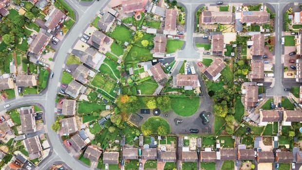 An aerial view of a suburban housing estate