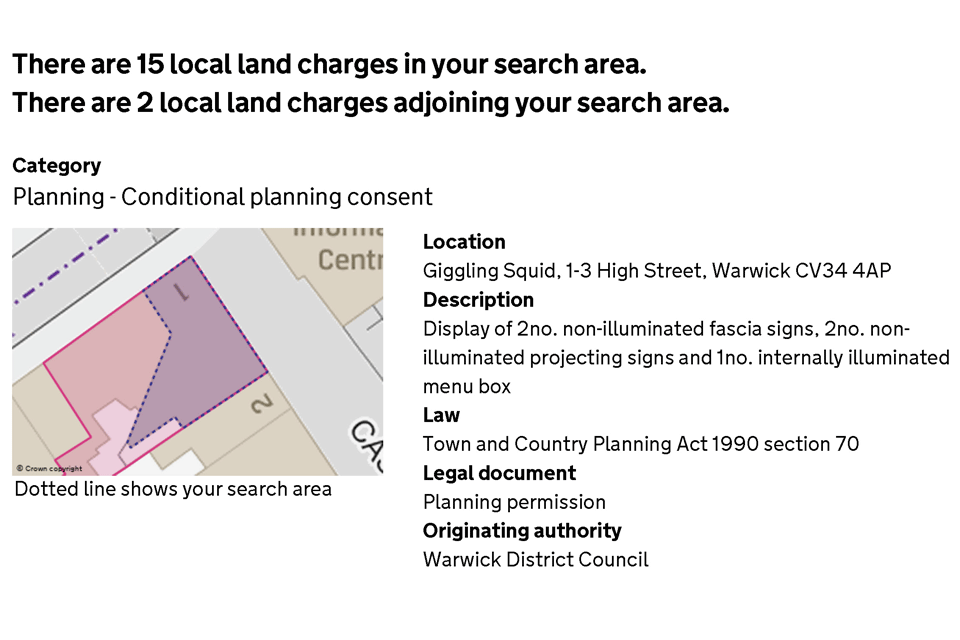 Extract of an on-screen local land charges search result with details of the property and a plan.