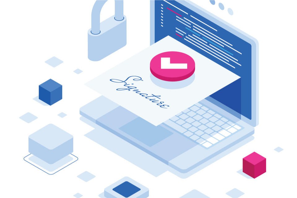 An illustration of a laptop computer displaying an electronic signature.