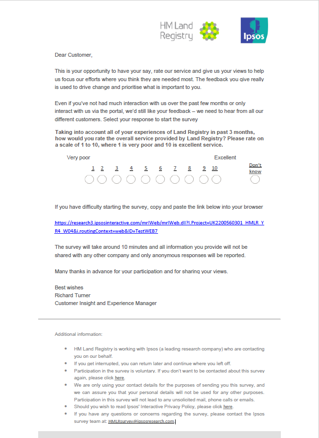 A copy of the invitation from Ipsos to take part in the survey, with HM Land Registry and Ipsos logos at the top and beginning 'Dear Customer, This is your opportunity to have your say'.