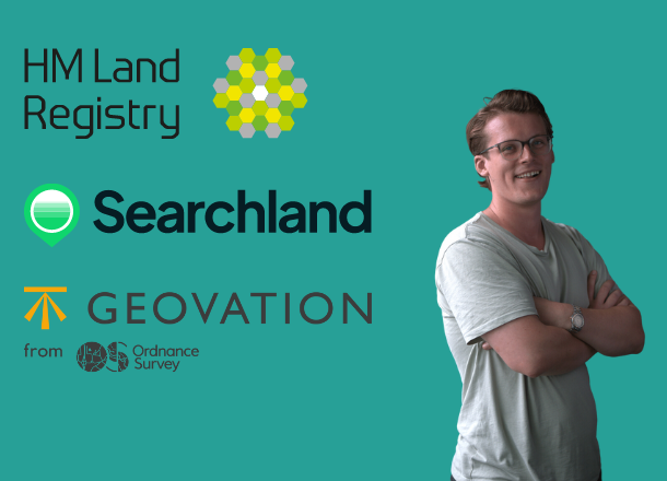 Searchland co-founder Hugh Gibbs with the logos of HM Land Registry, Searchland, Geovation and Ordnance Survey.