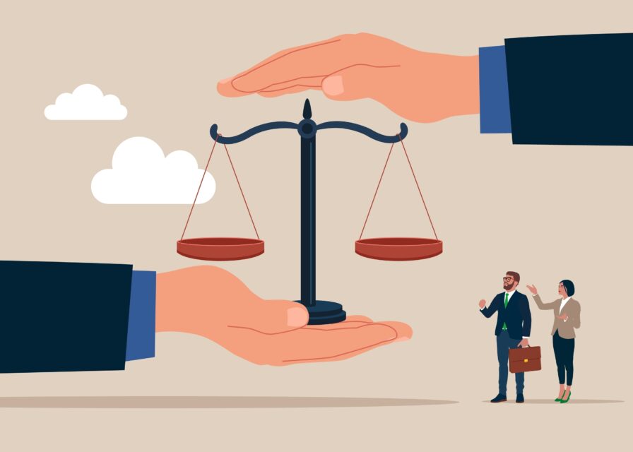 A balanced scales of justice is protected by a hand above from the right and a hand below from the left, while a smartly diressed man and woman look on.